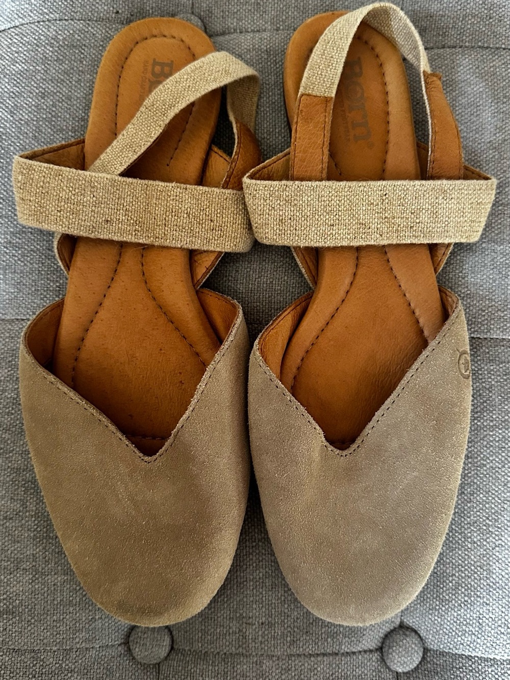 Born Women’s Tan Suede Slingback Flats with Natural Fabric Straps